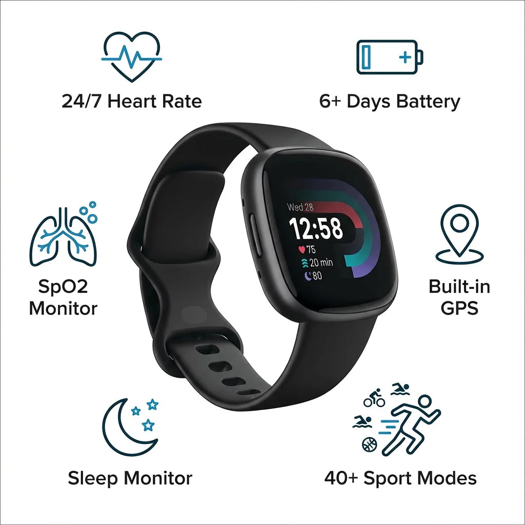 Fitbit Versa 4 Smartwatch GPS Fitness Tracker 24/7 Heart Rate SpO2 Sleep Monitor 50m Waterproof for Running Swimming Gym Outdoor