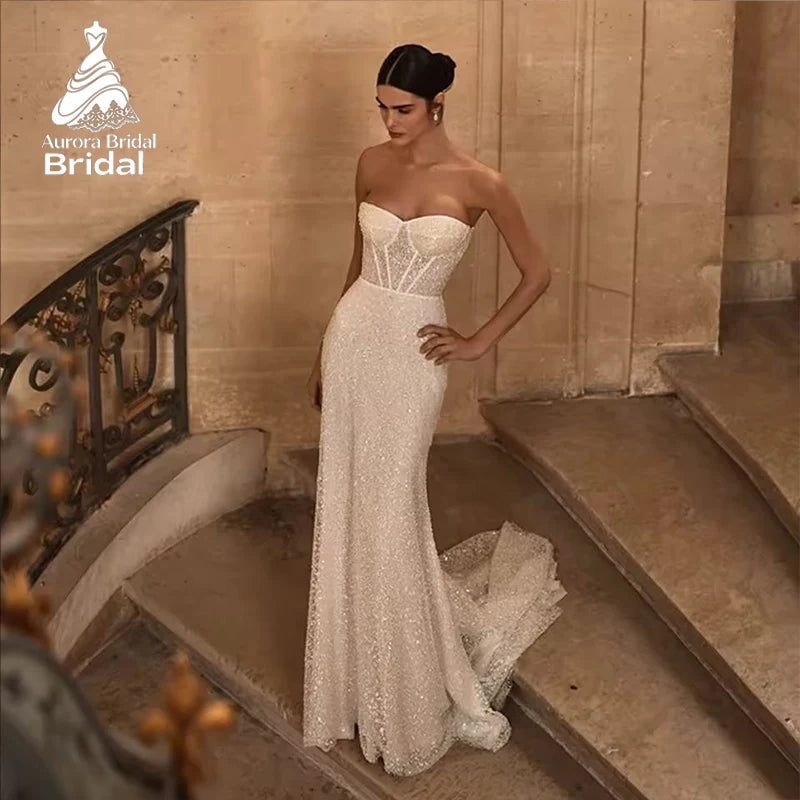 Aurora Strapless Mermaid Wedding Dress Shiny Sequin Beading Satin Detachable Train Pleat Bridal Gown Vestido De Novia Customized