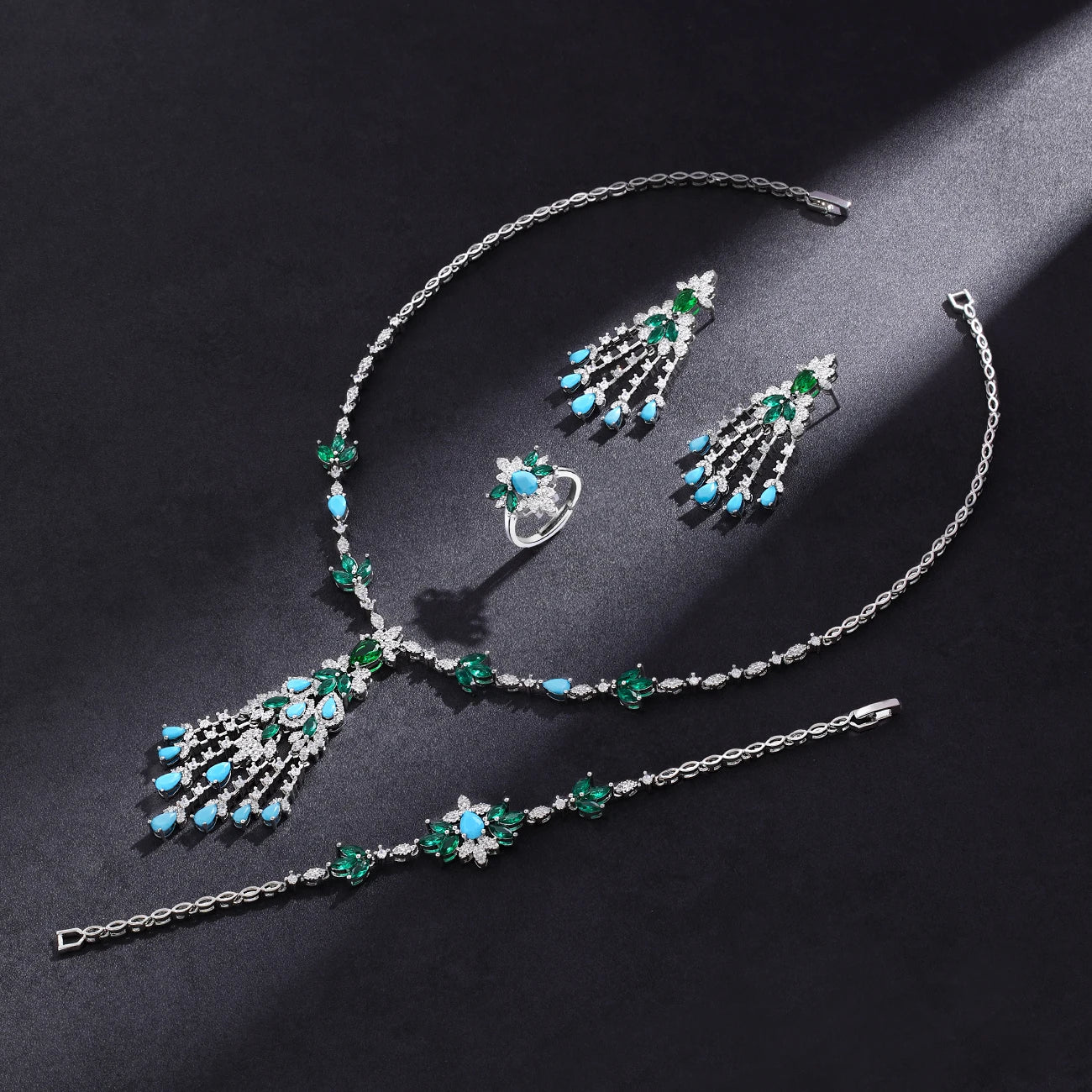 Tassel Turquoise Dubai Jewelry Sets for Wedding Birthday Party 4 Pieces Jewelry Necklace Set Bridal Accessories