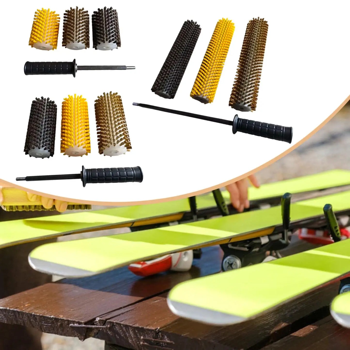 10/15/30cm Ski Brush Kit with Axle Handle Portable Snowboard Waxing Brush Set Nylon Copper Wire Brush Ski Maintenance Tool