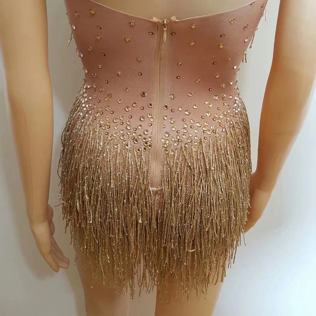 Bachelorette Bodycon Ballroom Gold Rhinestones Fringes Women Backless Sexy Stage Bodysuits Nightclub Performance Dance Costume