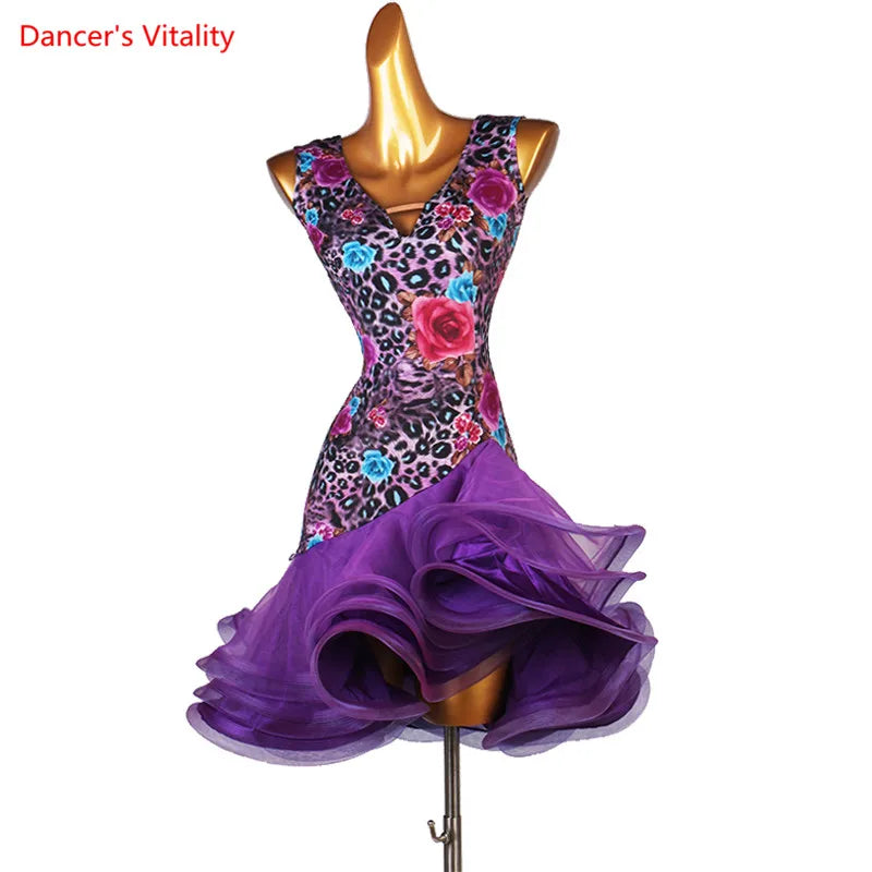 Latin Dance Dress V-Neck Wave Point Skirt Profession Custom Female Adult Child Elegant Performance Clothes Competition Clothing