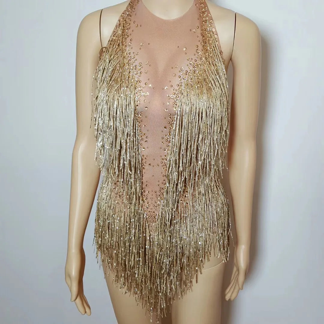Bachelorette Bodycon Ballroom Gold Rhinestones Fringes Women Backless Sexy Stage Bodysuits Nightclub Performance Dance Costume