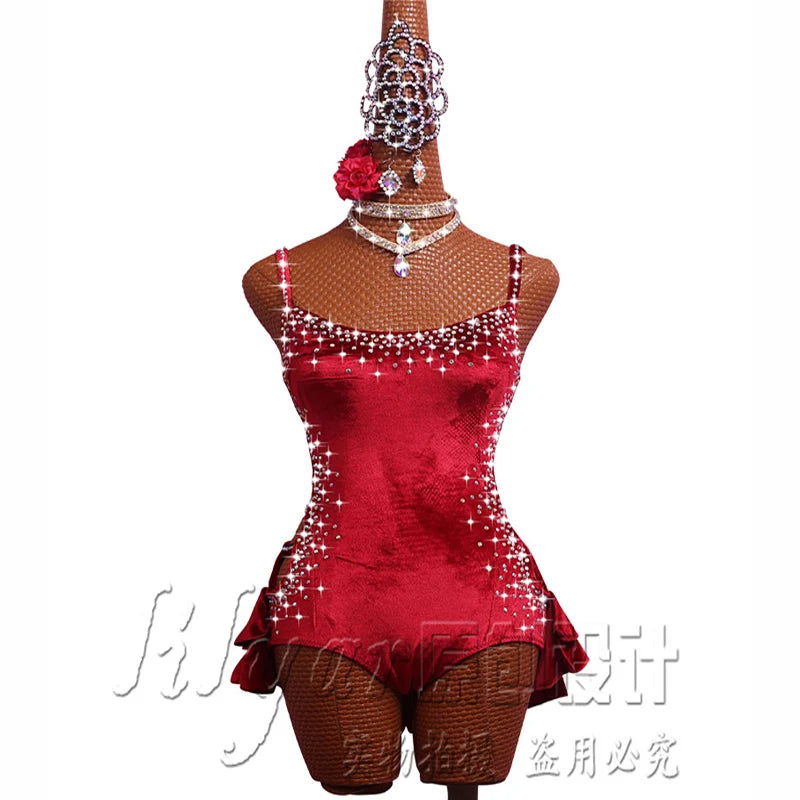 Pole Dancing Latin Dance Dress Steel Pipe Girl Costumes Skirt Performing Dress Adult Customize Children Stretch Velvet Wine  Red