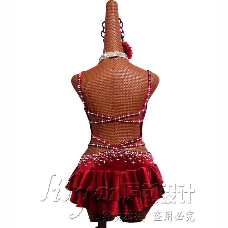 Pole Dancing Latin Dance Dress Steel Pipe Girl Costumes Skirt Performing Dress Adult Customize Children Stretch Velvet Wine  Red