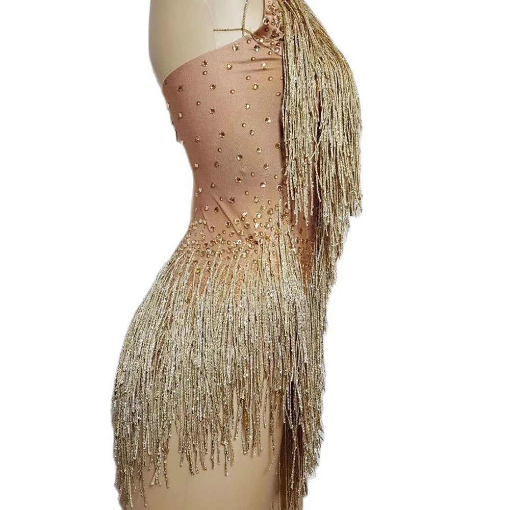 Bachelorette Bodycon Ballroom Gold Rhinestones Fringes Women Backless Sexy Stage Bodysuits Nightclub Performance Dance Costume