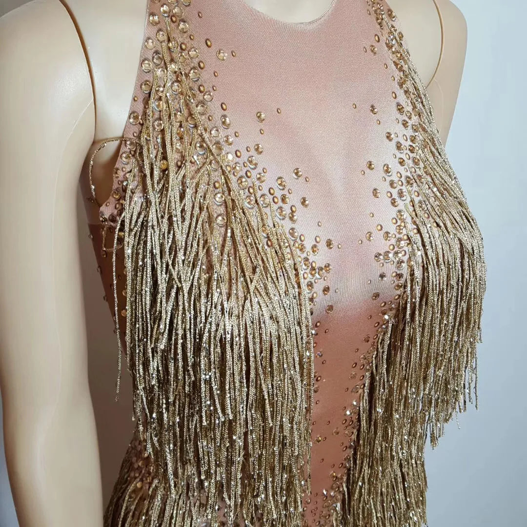 Bachelorette Bodycon Ballroom Gold Rhinestones Fringes Women Backless Sexy Stage Bodysuits Nightclub Performance Dance Costume