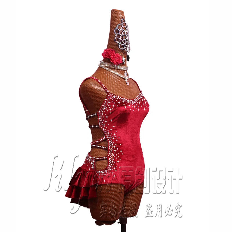 Pole Dancing Latin Dance Dress Steel Pipe Girl Costumes Skirt Performing Dress Adult Customize Children Stretch Velvet Wine  Red