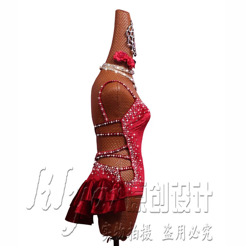 Pole Dancing Latin Dance Dress Steel Pipe Girl Costumes Skirt Performing Dress Adult Customize Children Stretch Velvet Wine  Red