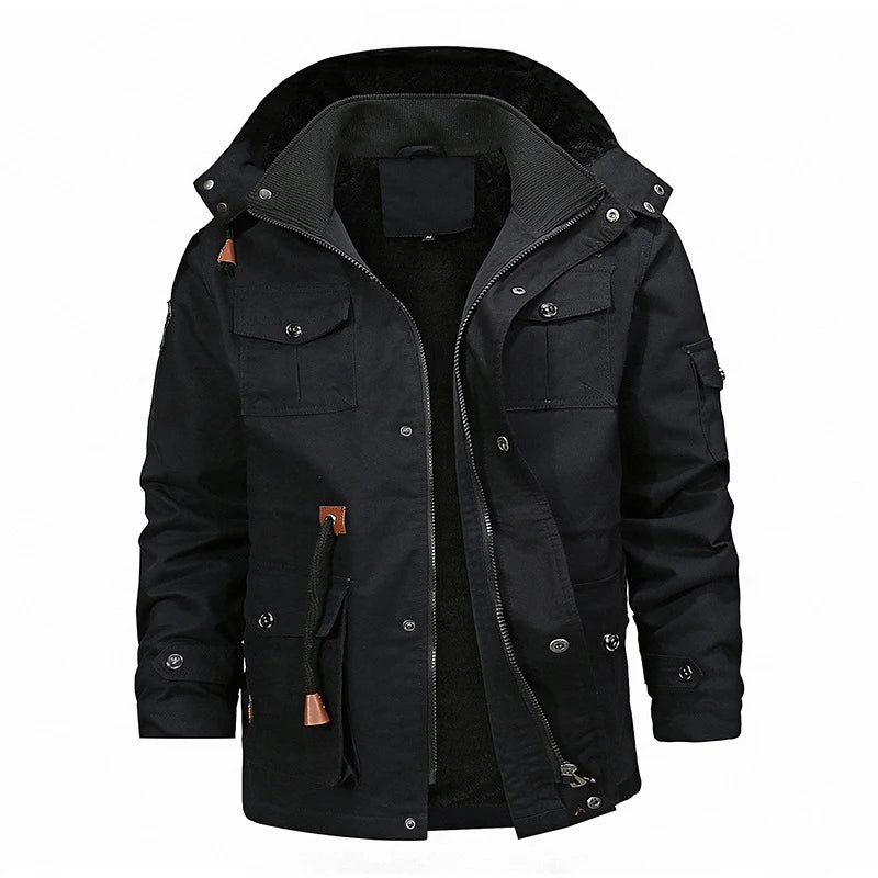 Winter Men's Mountain Ski Warm Jacket Outdoor Men Fleece Lined Cotton Thicken Hooded Coats Men Retro Thermal Parka Clothing 5XL