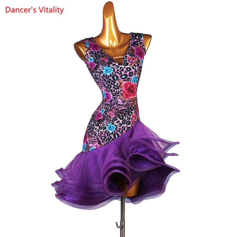Latin Dance Dress V-Neck Wave Point Skirt Profession Custom Female Adult Child Elegant Performance Clothes Competition Clothing