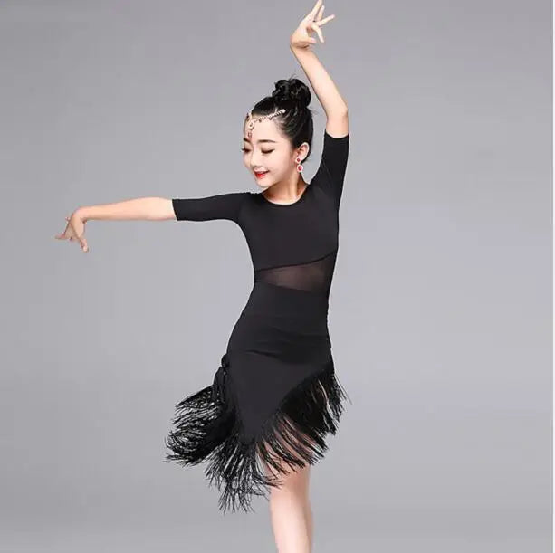 1pcs/lot  Child Girls Latin Dance Dress Fringe Latin Dance Clothes Salsa Costume Black Red Ballroom Tango Dresses