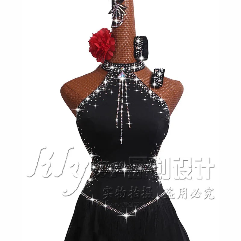 New Latin Dance Dress Competition Dress Costumes Skirt Performing Dress Rhinestone Adult Customize Children Chinese Style Collar