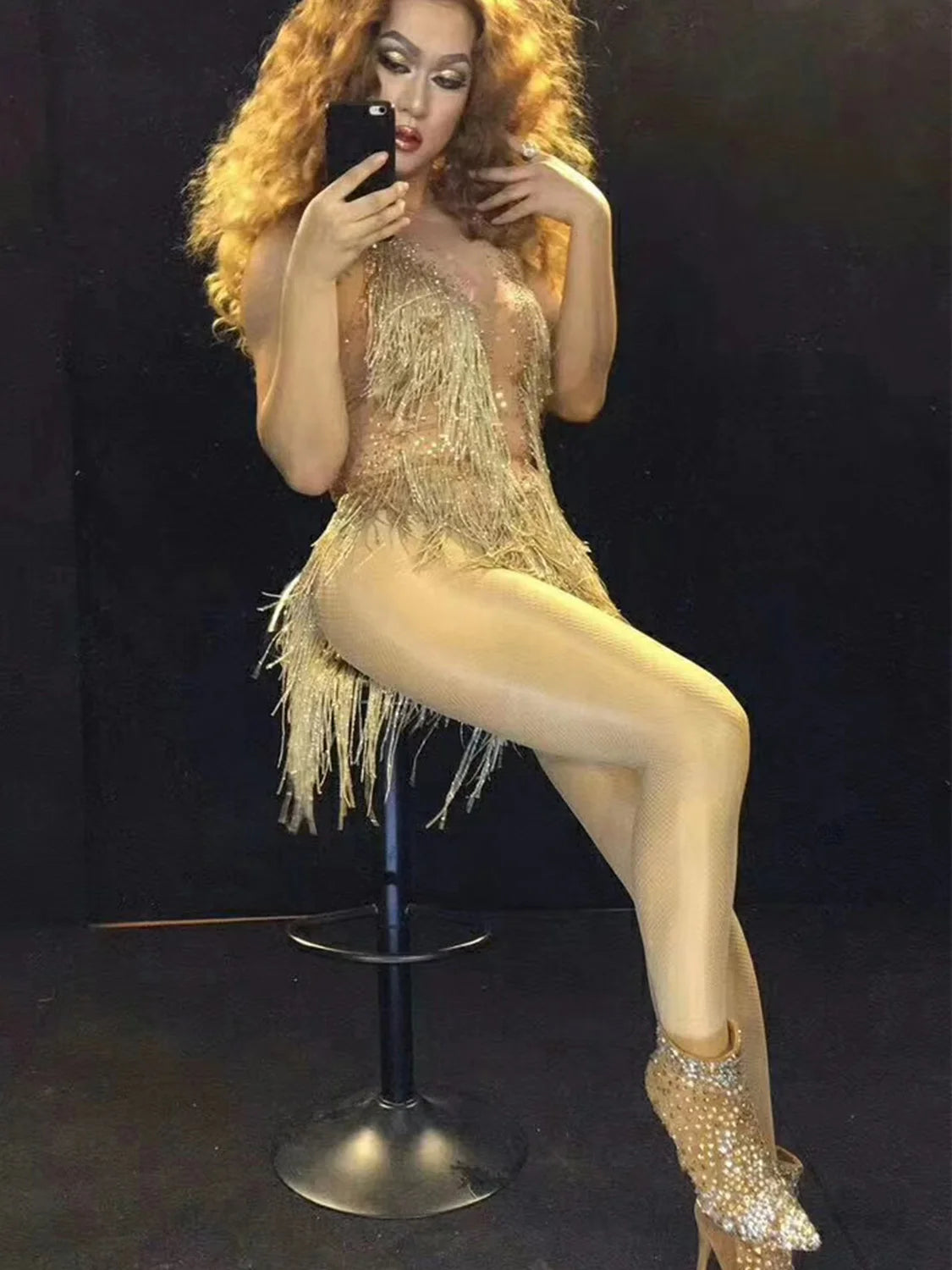 Bachelorette Bodycon Ballroom Gold Rhinestones Fringes Women Backless Sexy Stage Bodysuits Nightclub Performance Dance Costume