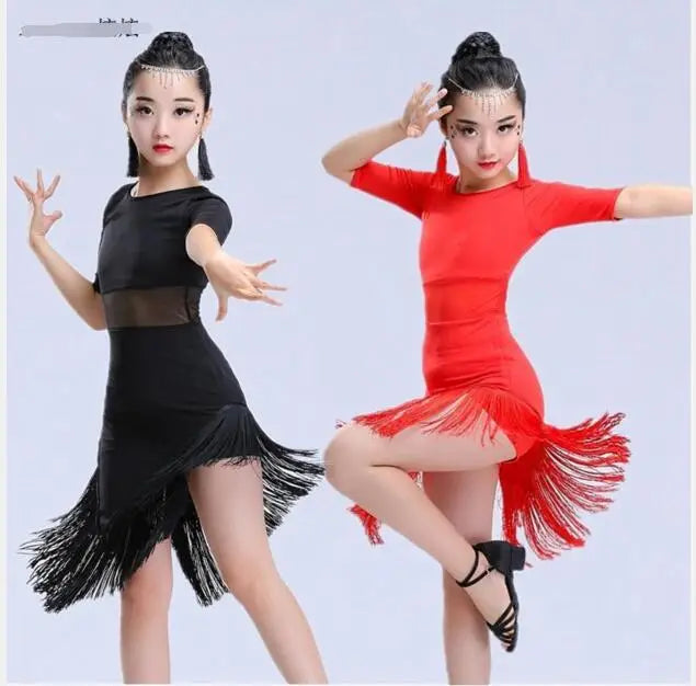 1pcs/lot  Child Girls Latin Dance Dress Fringe Latin Dance Clothes Salsa Costume Black Red Ballroom Tango Dresses