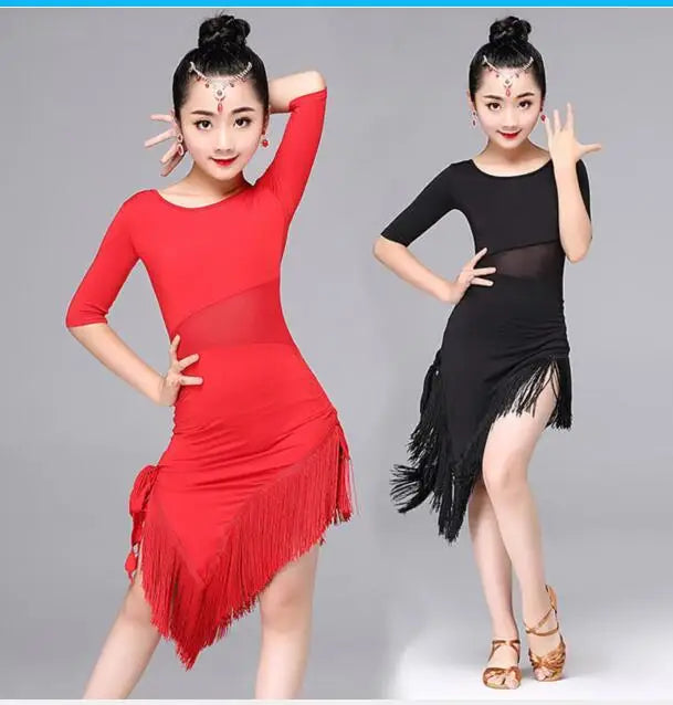 1pcs/lot  Child Girls Latin Dance Dress Fringe Latin Dance Clothes Salsa Costume Black Red Ballroom Tango Dresses