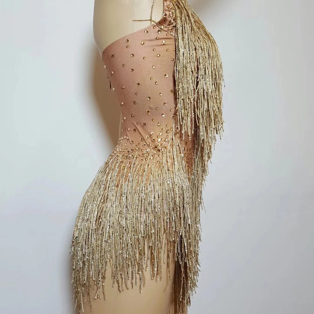 Bachelorette Bodycon Ballroom Gold Rhinestones Fringes Women Backless Sexy Stage Bodysuits Nightclub Performance Dance Costume