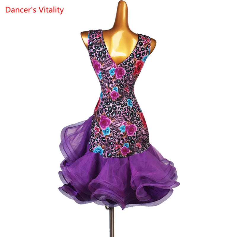 Latin Dance Dress V-Neck Wave Point Skirt Profession Custom Female Adult Child Elegant Performance Clothes Competition Clothing