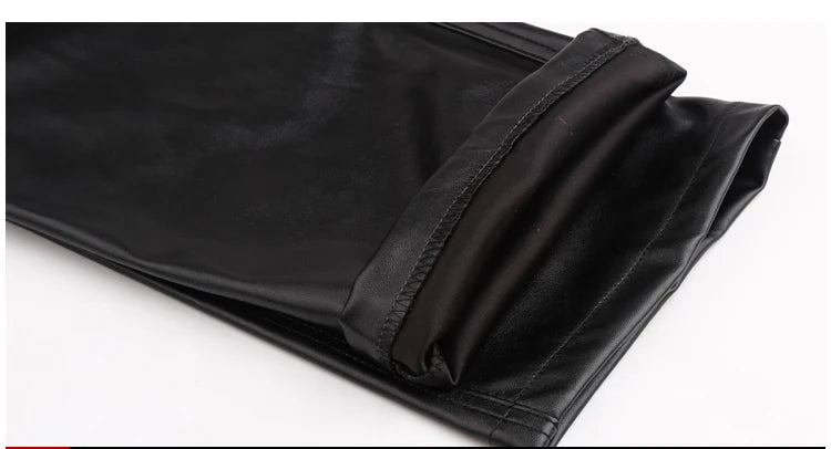 Men's Leather Pants Straight Fit Elastic PU Leather Trousers Motorcycle Pants Thin