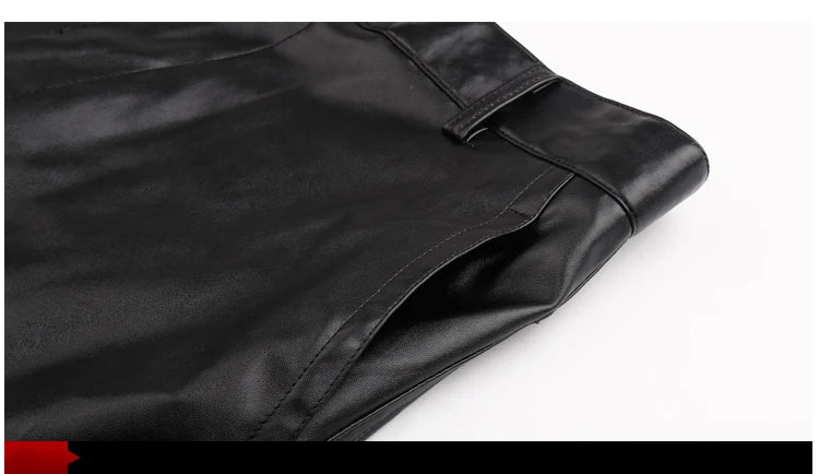 Men's Leather Pants Straight Fit Elastic PU Leather Trousers Motorcycle Pants Thin