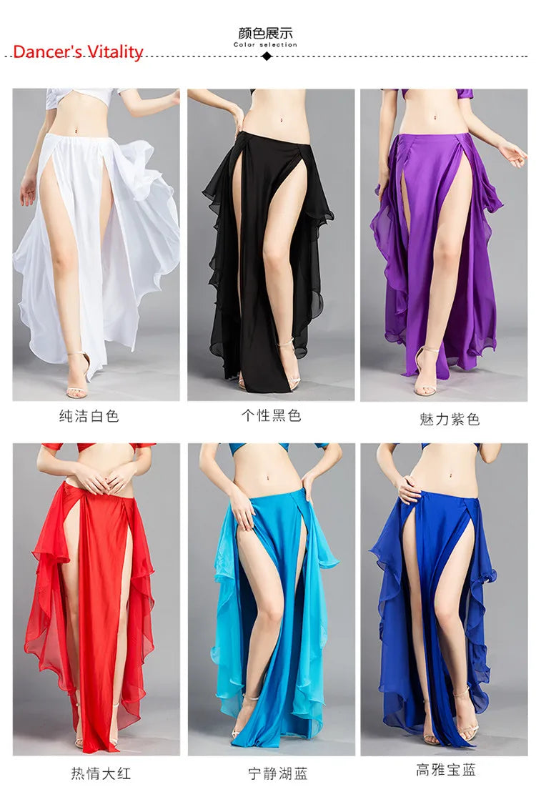 Wholesale Skirt Chiffon Sexy Split Dress for Women India Practice Skirt Women Belly Dance Skirt 6 Colors High Spilt Clothes