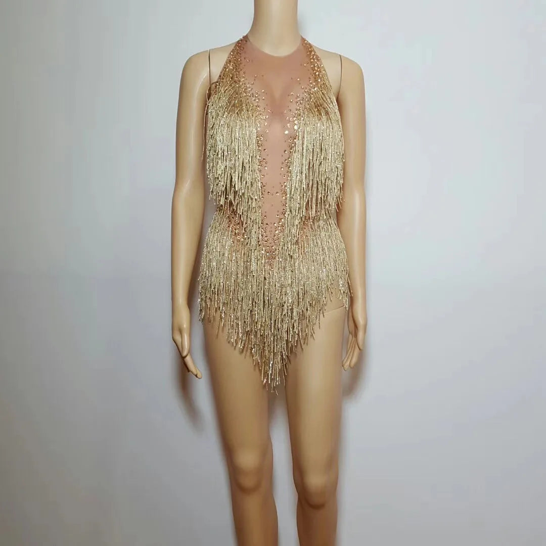 Bachelorette Bodycon Ballroom Gold Rhinestones Fringes Women Backless Sexy Stage Bodysuits Nightclub Performance Dance Costume