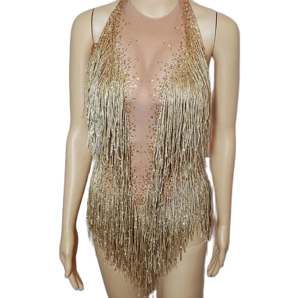 Bachelorette Bodycon Ballroom Gold Rhinestones Fringes Women Backless Sexy Stage Bodysuits Nightclub Performance Dance Costume