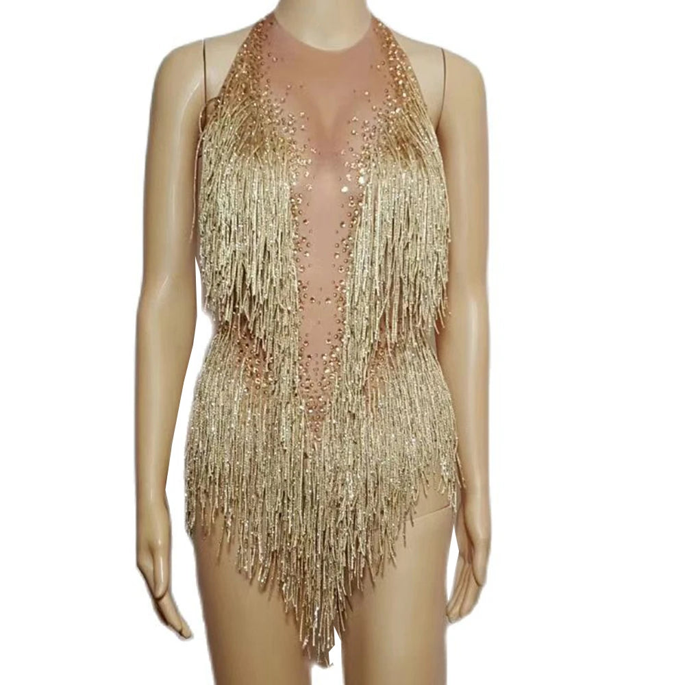 Bachelorette Bodycon Ballroom Gold Rhinestones Fringes Women Backless Sexy Stage Bodysuits Nightclub Performance Dance Costume