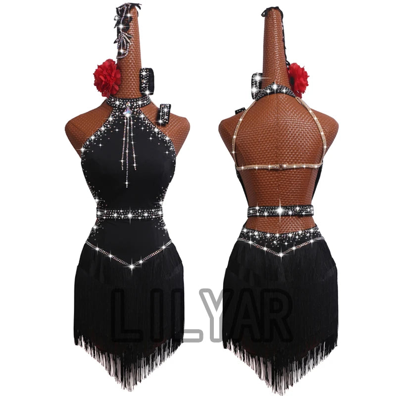 New Latin Dance Dress Competition Dress Costumes Skirt Performing Dress Rhinestone Adult Customize Children Chinese Style Collar