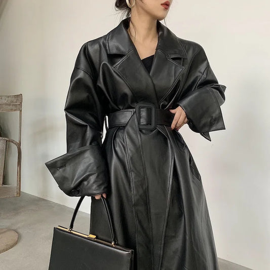 Lautaro Long oversized pu leather trench coat for women long sleeve lapel loose fit Fall Stylish black women clothing streetwear