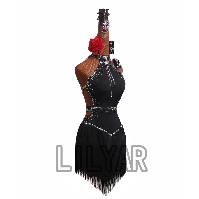 New Latin Dance Dress Competition Dress Costumes Skirt Performing Dress Rhinestone Adult Customize Children Chinese Style Collar