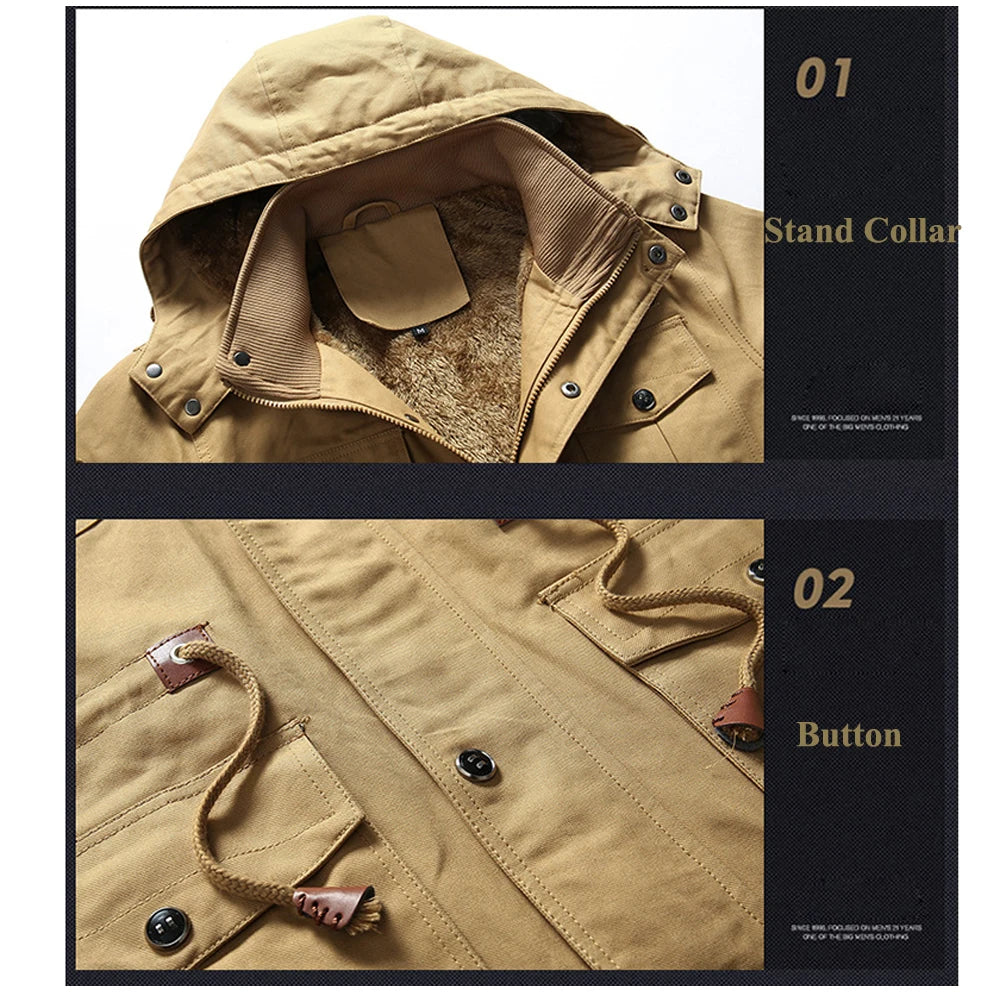 Winter Men's Mountain Ski Warm Jacket Outdoor Men Fleece Lined Cotton Thicken Hooded Coats Men Retro Thermal Parka Clothing 5XL