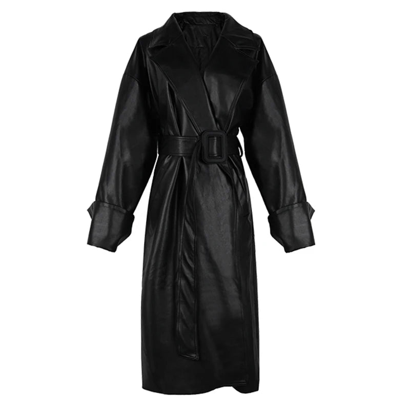 Lautaro Long oversized pu leather trench coat for women long sleeve lapel loose fit Fall Stylish black women clothing streetwear