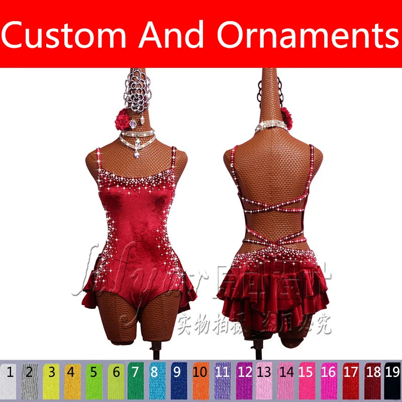 Pole Dancing Latin Dance Dress Steel Pipe Girl Costumes Skirt Performing Dress Adult Customize Children Stretch Velvet Wine  Red