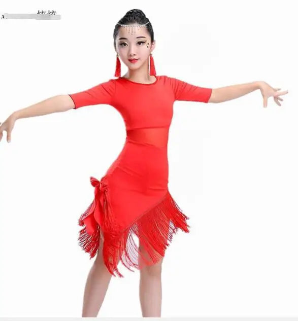 1pcs/lot  Child Girls Latin Dance Dress Fringe Latin Dance Clothes Salsa Costume Black Red Ballroom Tango Dresses