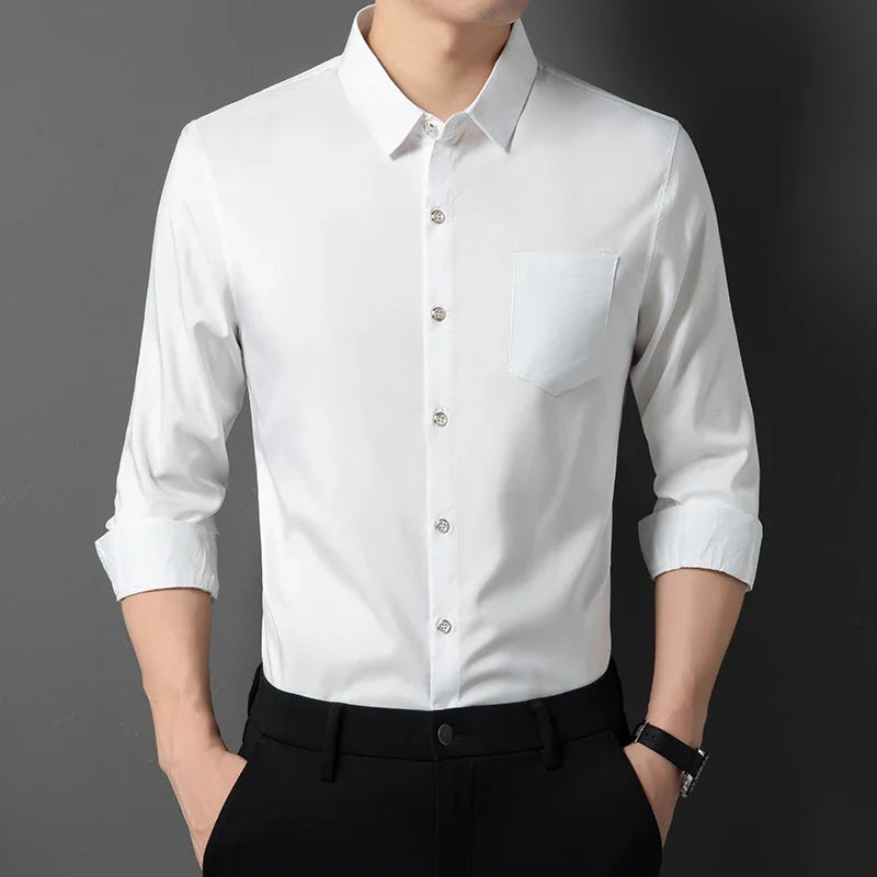 Men's New Casual and Fashionable Long Sleeved Shirt with Pockets Comfortable Wrinkle Resistant and Iron Free Collared Shirt