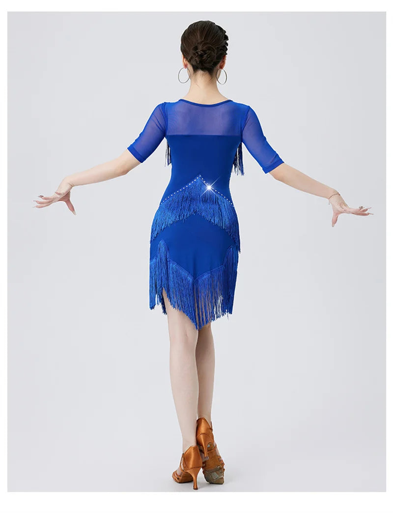 Women's Flapper Dress Fringe Salsa Latin Dance Dress Party Ballroom Dancer Outfits With Shorts Long Sleeve  Tango Samba Rumba