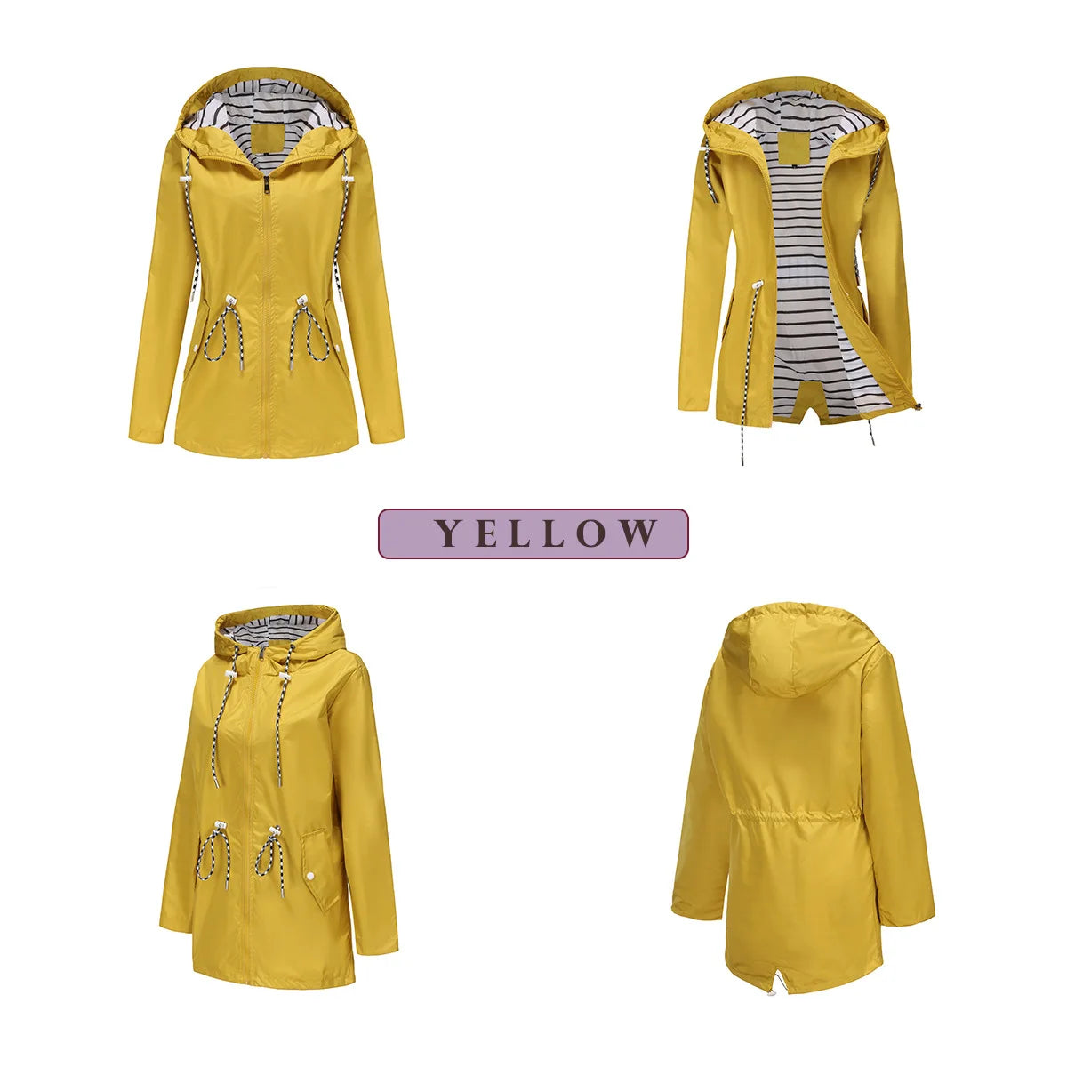 Red Waterproof Hooded Jacket, Women Fashion Casual Coat, Waist Drawstring Tie Zipper Switch Blue Green Yellow Black Windbreaker