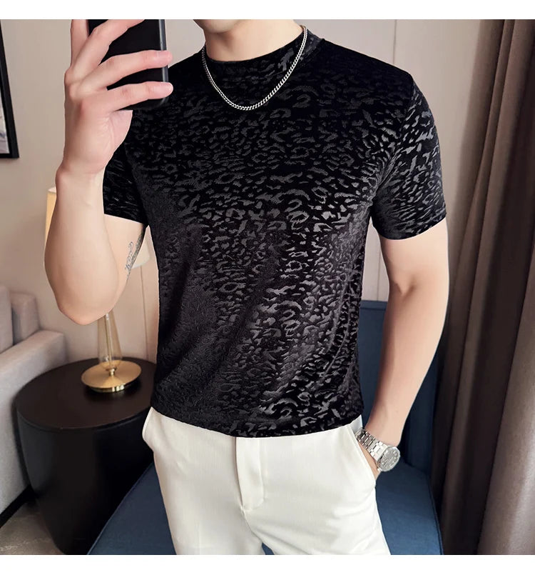Men's T-Shirts Korean Fashion Gold Velvet Short Sleeve Mens Casual T Shirt Slim Fit Breathable Turtleneck Tee Shirt Homme 4XL-M