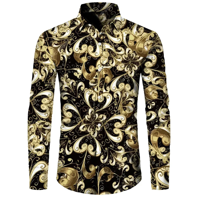 2024 New Luxury Golden Flower Chain 3D Print Men Long Sleeve Shirt Casual Mens Designer Clothing Streetwear Lapel Button Shirts