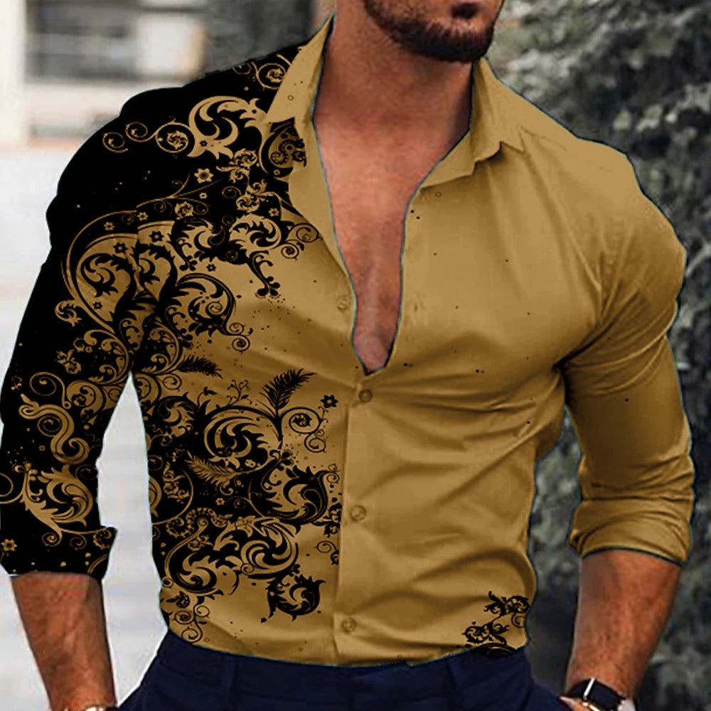 Men's red patterned long-sleeved shirt men's casual versatile fashion street men's shirt lapel single-breasted long sleeve