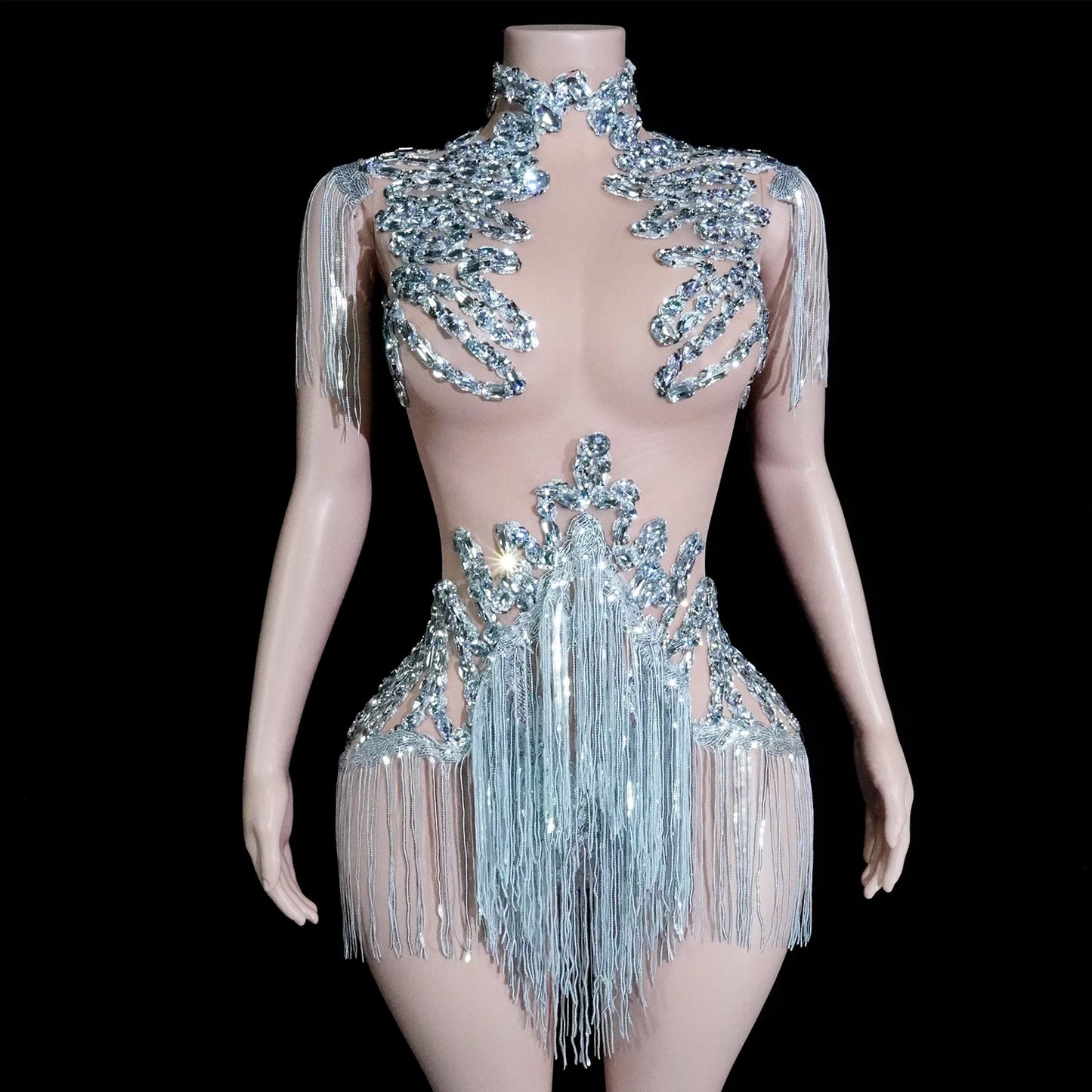 Sexy Mesh Sheer Black Rhinestone rhinestone Bodysuit Singer Dancer Show Stage Outfit Celebrate Party Night Club Performance Waer