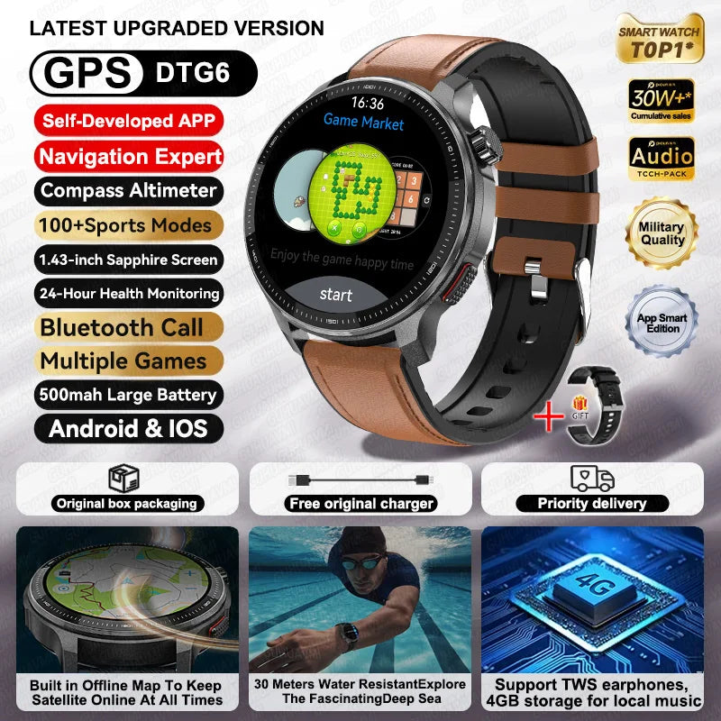 2026NEW GPS Offline Maps Sport Smart Watch Men 4GB Memory Music Video Player AMOLED 3D Menu Style Swim Waterproof Smart Bracelet