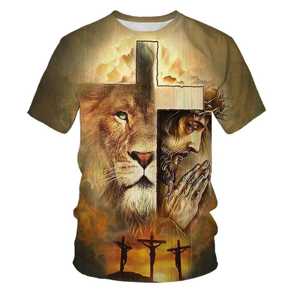 Summer fashion creative design cross lion 3D printing personalized Christian art T-shirt