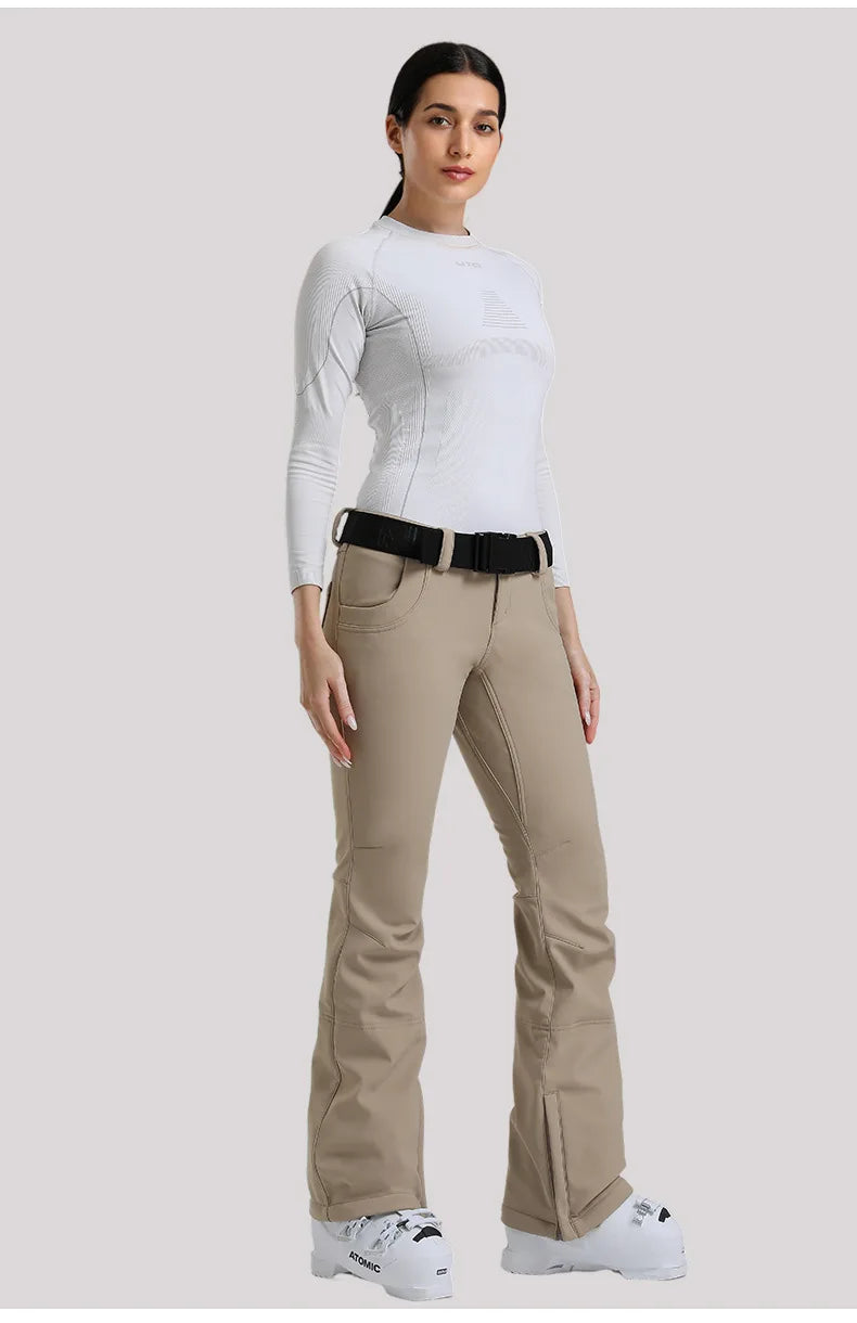 New Women's Ski Pants Stretch Slim-fit Dual-layer Insulated Professional Windproof Waterproof Breathable Solid Color Ski Pants