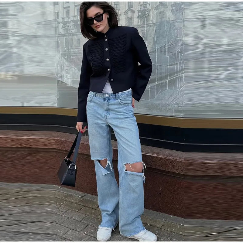 Unique Oblique Button Military Jacket Women Vintage Asymmetry Cropped Napoleon Jackets Lady New Fashion Street Spring Outwear