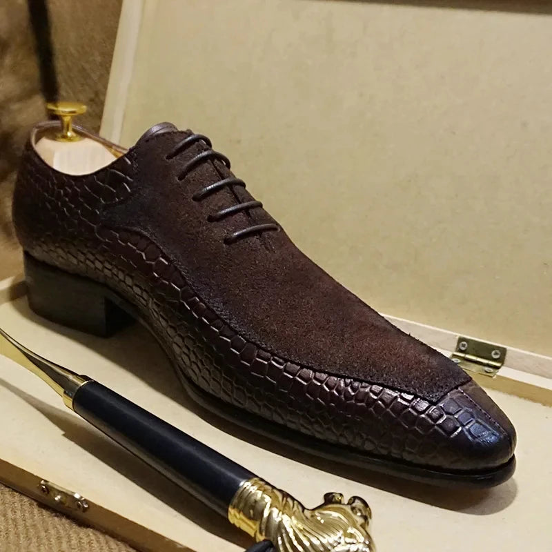 Mens Handmade Leather Dress Shoes Business Crocodile Pattern Oxford Formal Lace-Up Comfortable NonSlip Breathable Office Wedding
