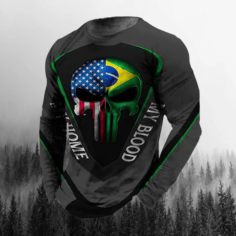 Vintage Brazilian Flag 3D Print Autumn Men's O-Neck T-shirt Casual Long Sleeve Oversized T Shirt Fashion Pullover Men Clothing