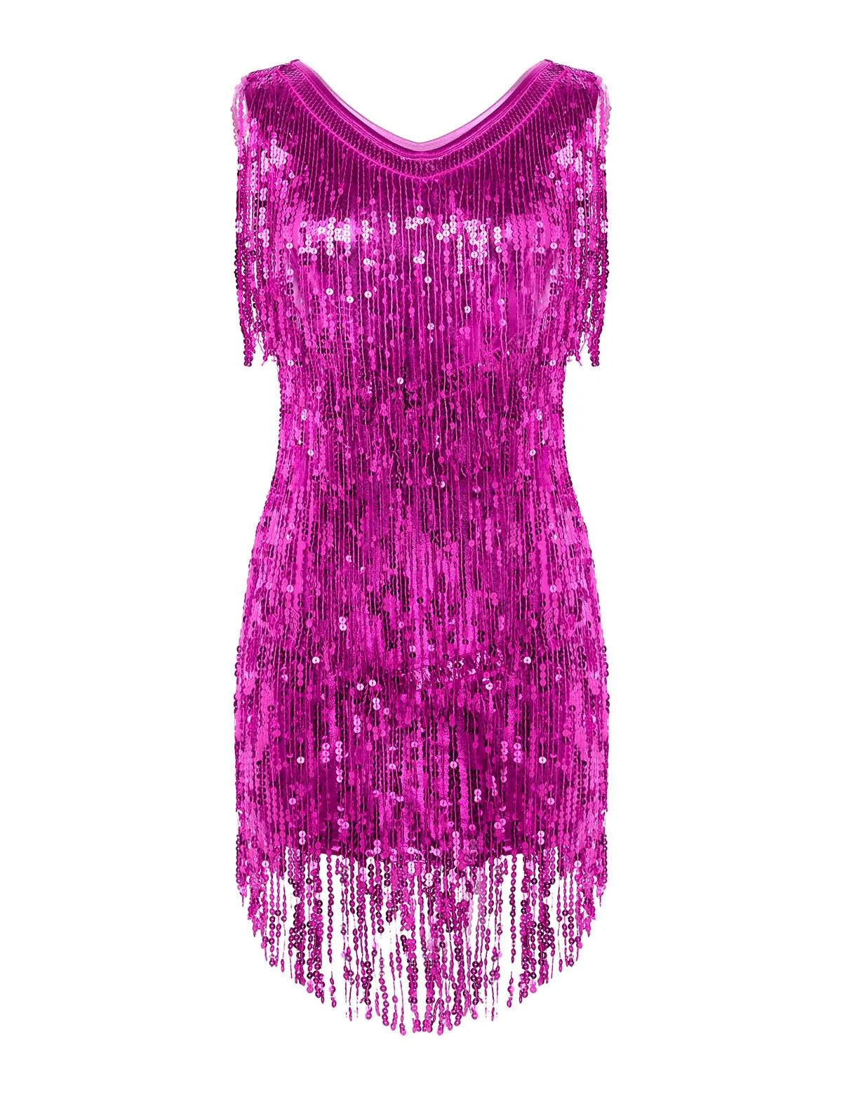 Women Latin Dress Shiny Sequin Sleeveless Tassels Fringed Dress Tango Samba Rumba Ballroom Salsa Jazz Dance Performance Costume