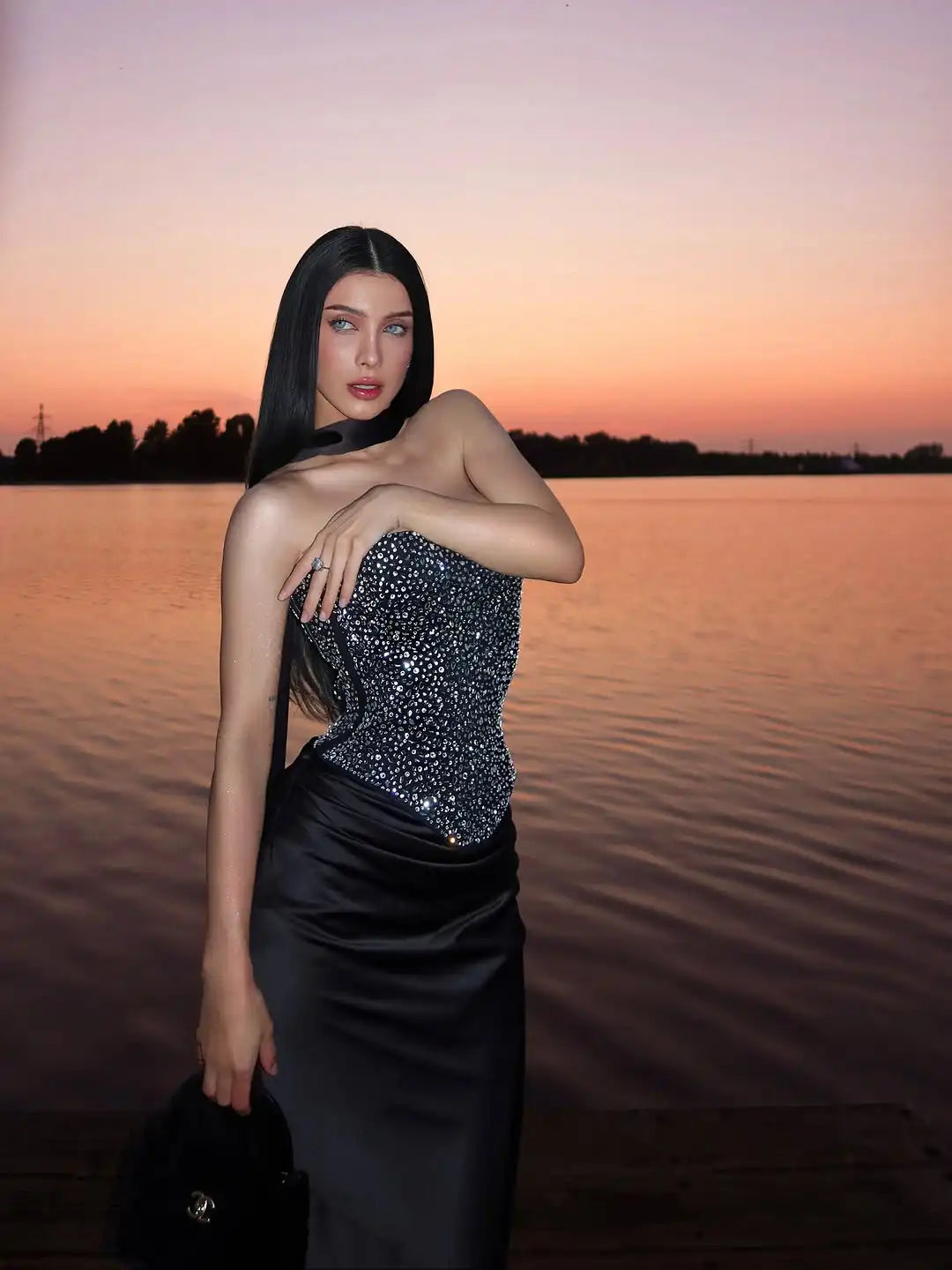 Sexy Sequin Top Long Skirt Set Women Strapless Off-shoulder Slim Tops High Waist Satin Skirts Sets Lady Vacation Party Outfits